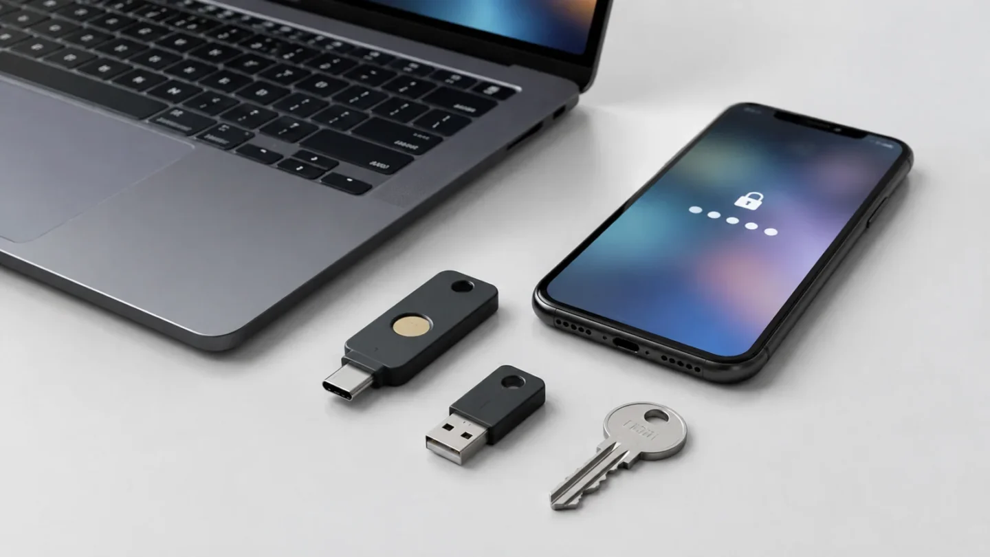 Реальный ноутбук и смартфон на светло-сером фоне без людей, брендов и текста