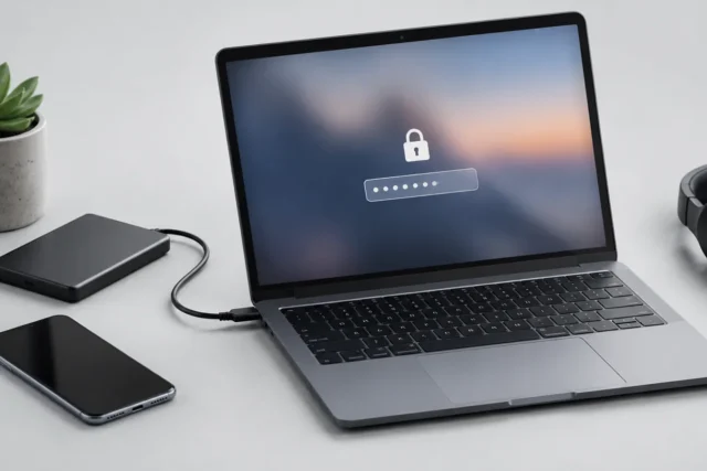Ноутбук и смартфон без брендов на светло-сером фоне