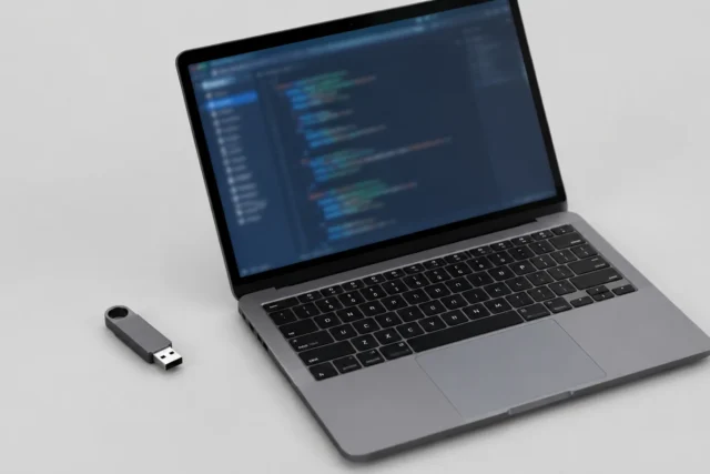 Ноутбук и накопитель как символ работы с программами открытого исходного кода