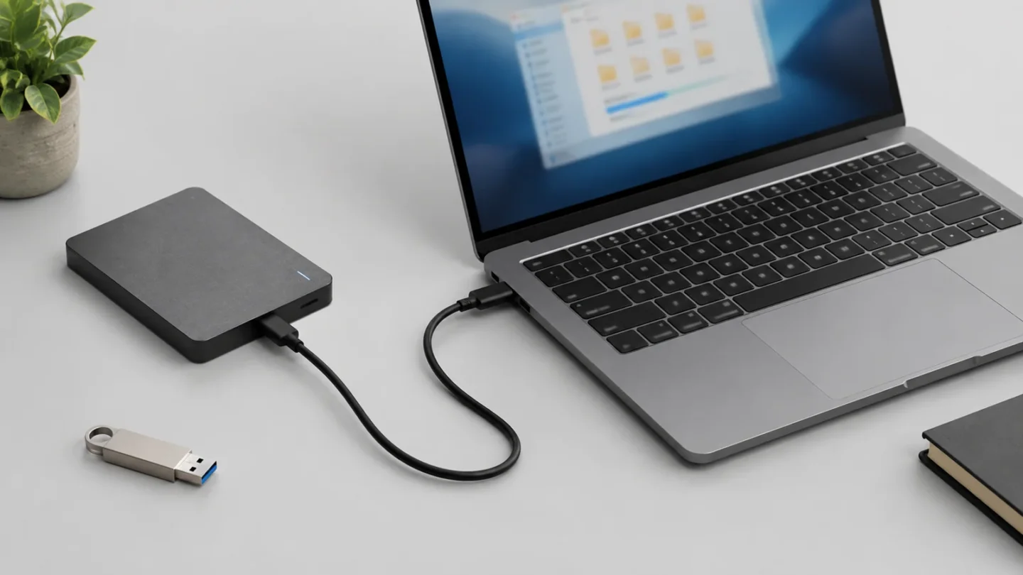 Внешний SSD-накопитель и ноутбук на светло-сером фоне без людей и текста