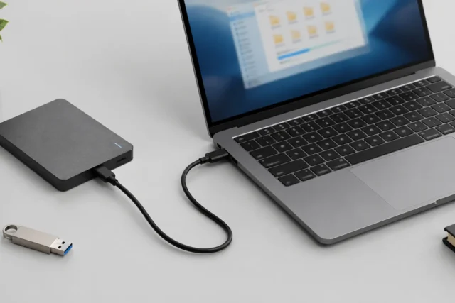 Внешний SSD-накопитель и ноутбук на светло-сером фоне без людей и текста
