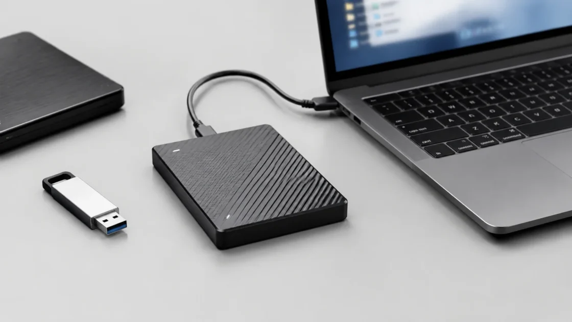 USB-накопитель рядом с компьютером на светло-сером фоне