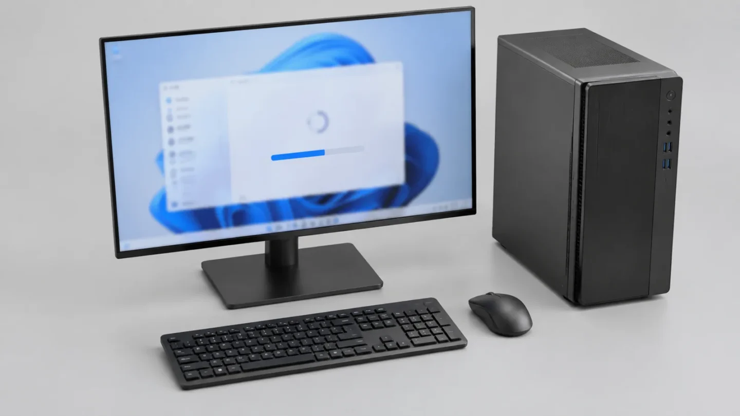 Компьютерная техника на светло-сером фоне для темы обновления Windows