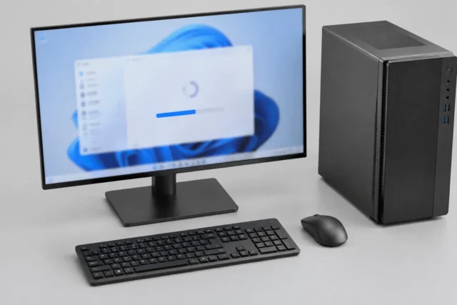 Компьютерная техника на светло-сером фоне для темы обновления Windows