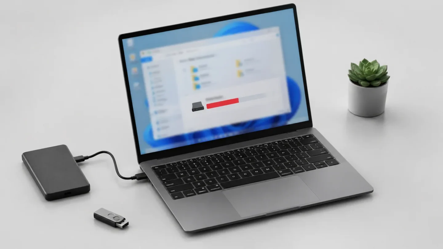 Настольный SSD-накопитель и компьютерные комплектующие на светло-сером фоне без брендов