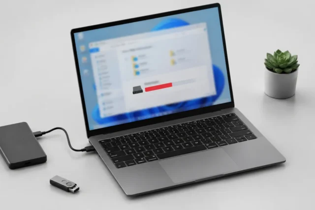 Настольный SSD-накопитель и компьютерные комплектующие на светло-сером фоне без брендов