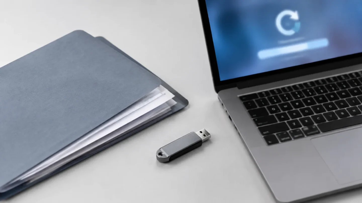 Флешка USB, внешний накопитель и ноутбук на светло-сером фоне без людей и текста