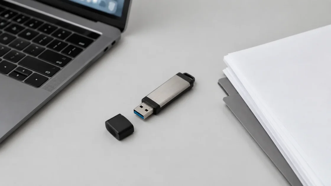 Крупный план USB-накопителя рядом с клавиатурой ноутбука на светло-сером фоне